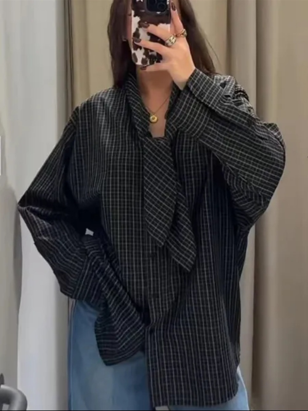 Zara Plaid Cotton Handkerchief Shirt - Checkered Tie Button-Up - Check Scarf Top - Picture 8 of 8